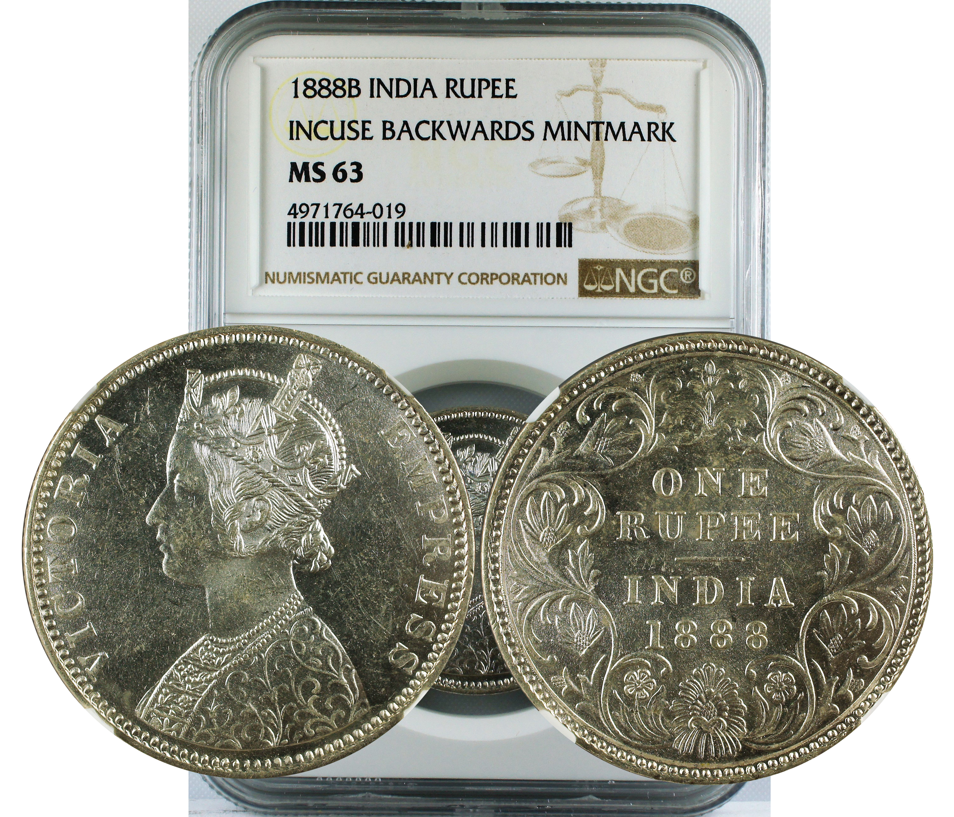 1888 B INDIA RUPEE INCUSE BACKWARDS MINTMARK MS63