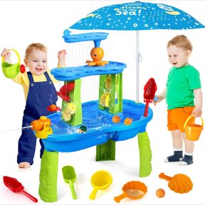 SUPER JOY WATER TABLE FOR TODDLERS 3-5, 3-TIER KIDS WATER TABLE WITH UMBRELLA, KIDS ACTIVITY TABLE OUTDOOR TOYS WATER PLAY TABLE F