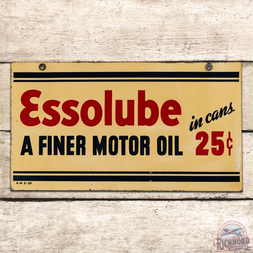 1936 Essolube A Finer Motor Oil "In Cans 25 Cents" Double Sided Tin Sign