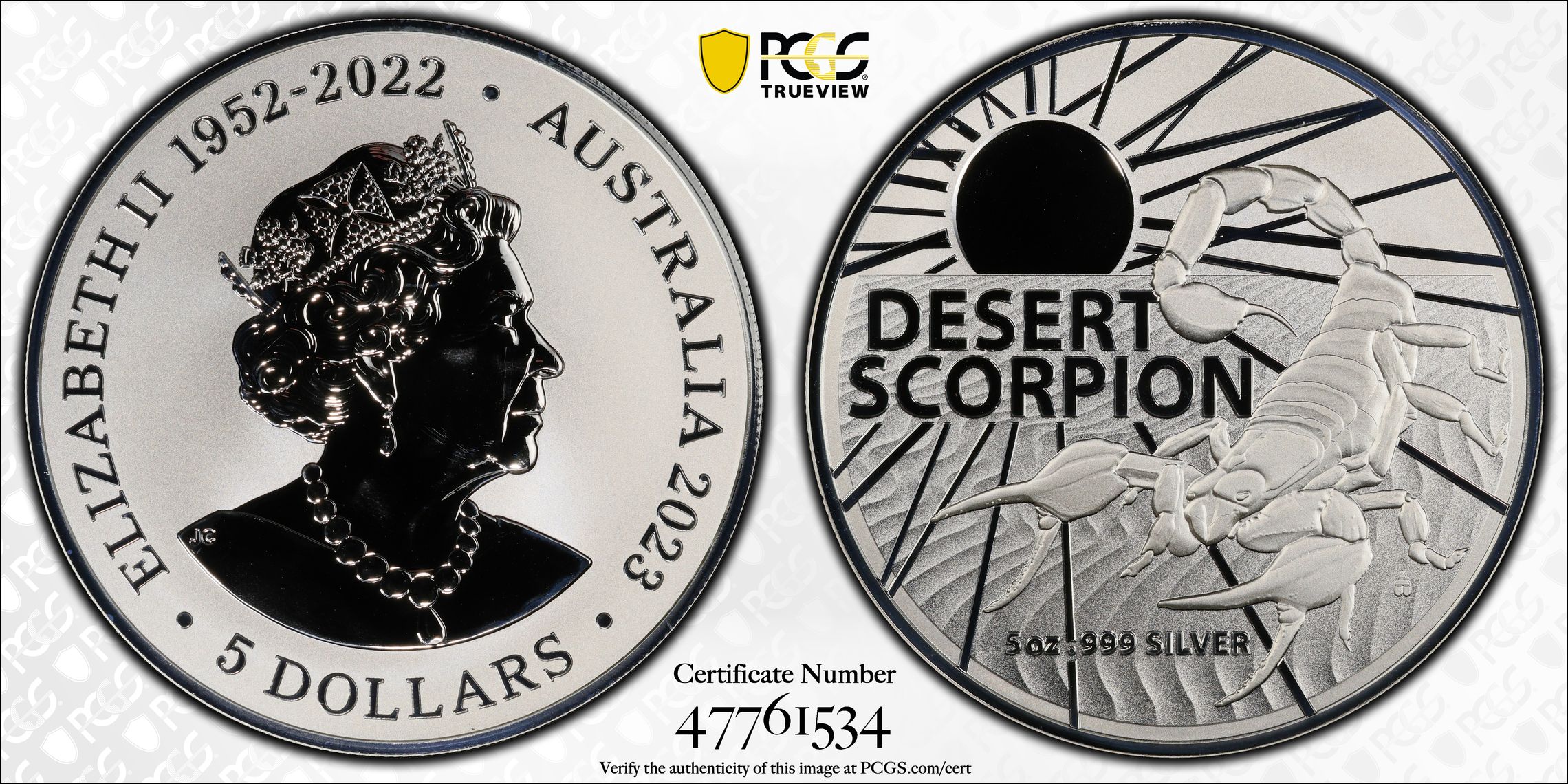 Desert Scorpion 5oz Ag - Australia's Most Dangerous POP 1/0, Five Dollar, 2023, PCGS MS68