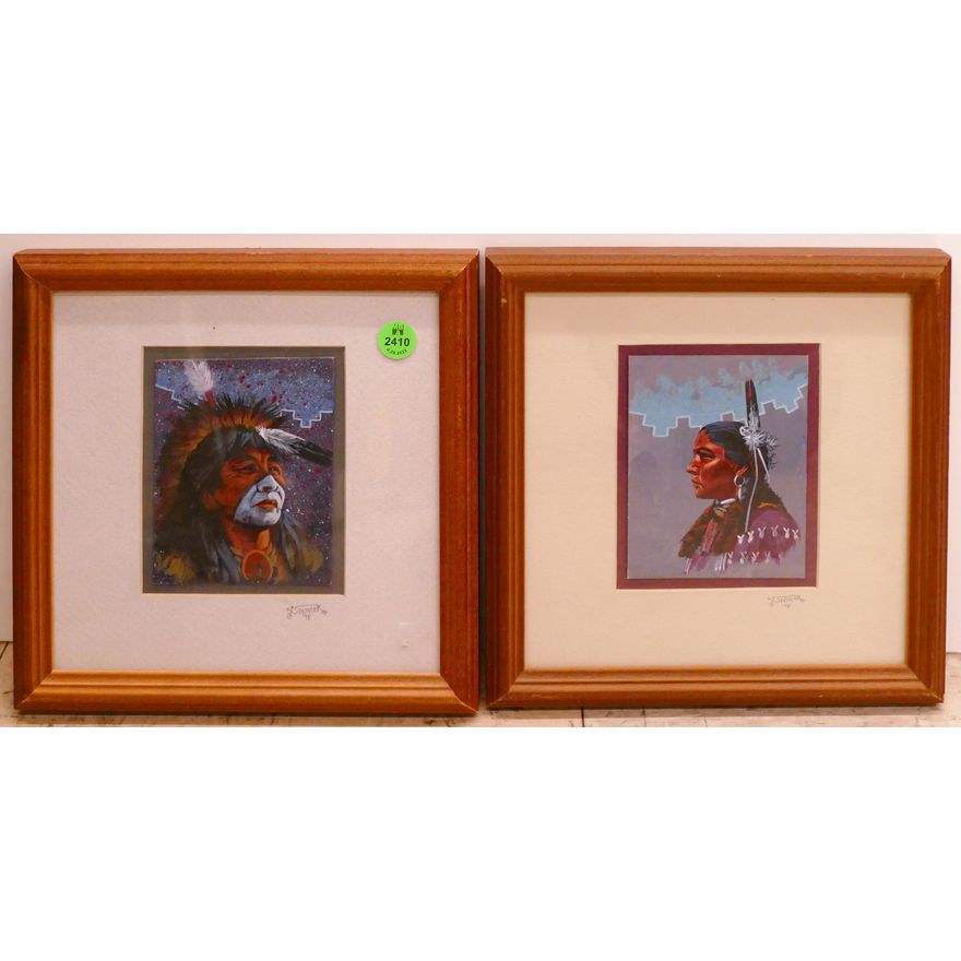 Pair Laurence Spencer Navajo Small Portrait Oil Paintings Framed- 9x9''
