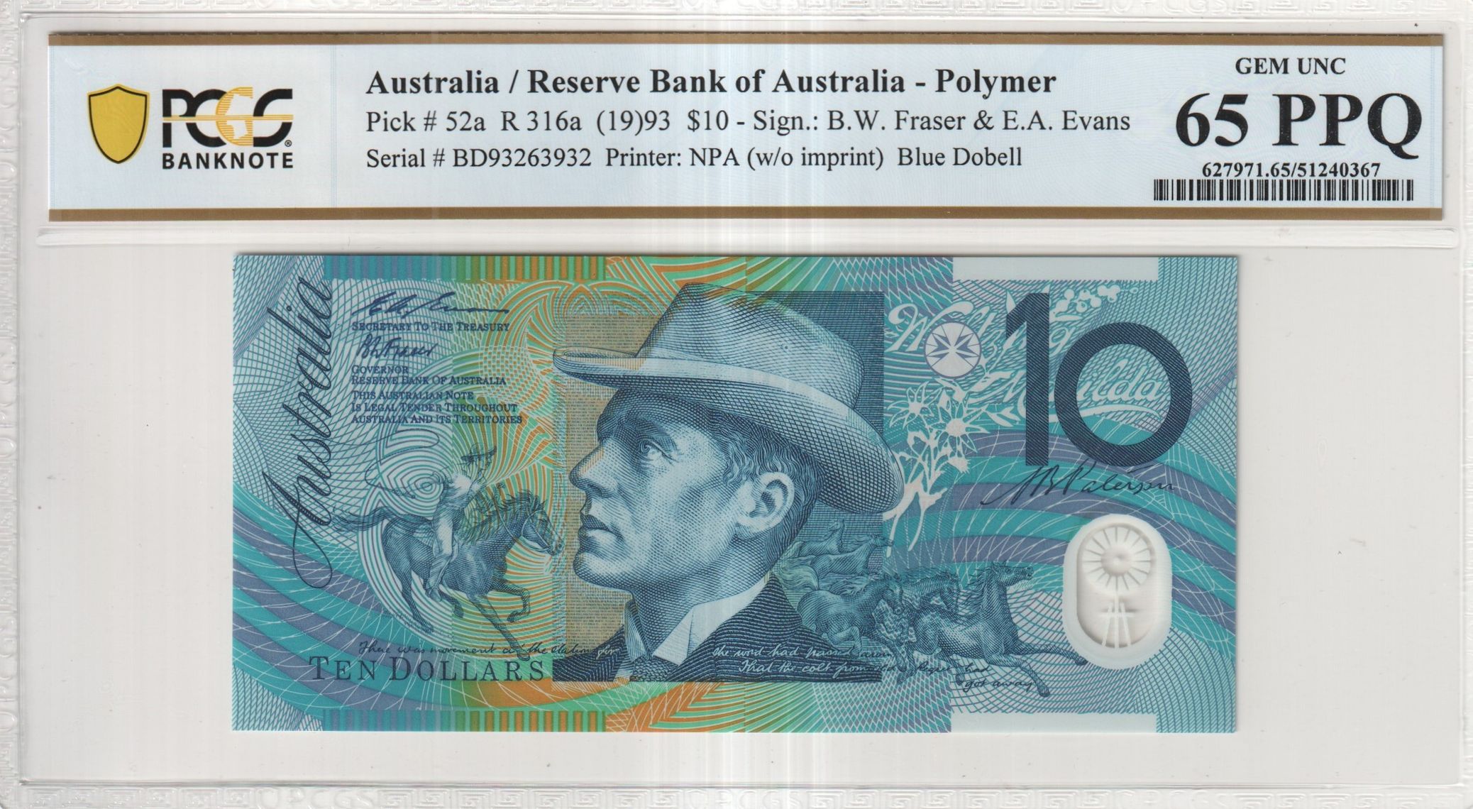 463 · Fraser/Evans, Blue Dobell, Ten Dollar, 1993, PCGS Gem UNC 65 PPQ