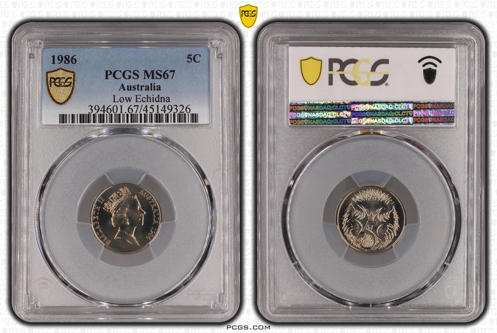 Elizabeth II, Low Echidna, Five Cent, 1986, PCGS MS67