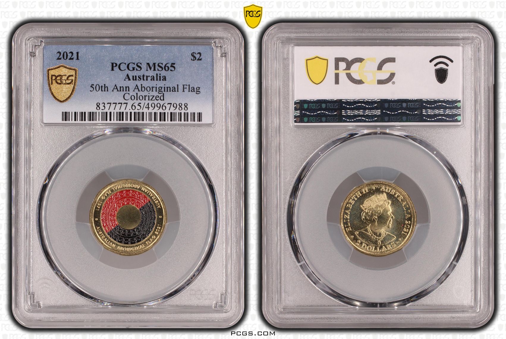 50th Ann Aboriginal Flag Colorized , Two Dollar, 2021, PCGS MS65