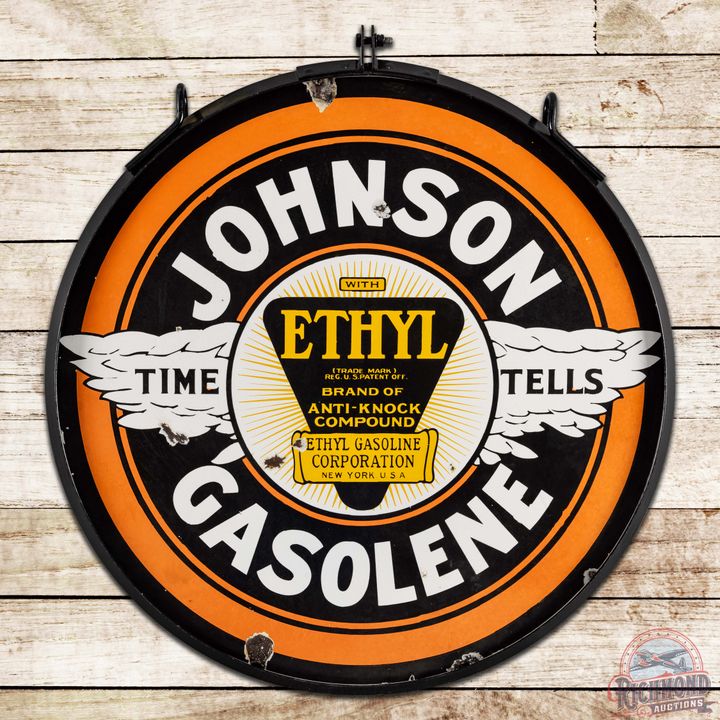 Johnson Gasolene Ethyl "Time Tells" 30" DS Porcelain Sign w/ Ring