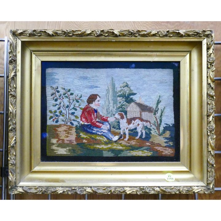 Antique Boy with Dog Needlework Framed- 12x15''