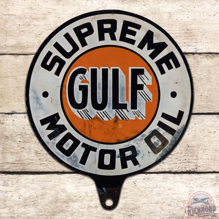 Gulf Supreme Motor Oil Double Sided Tin Paddle Sign w/ Logo