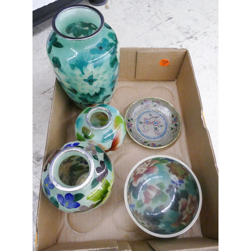 5pc Japanese Ando Jubei Style Plique-a-jour Vases &  Bowl (some cracks) and Chinese Saucer