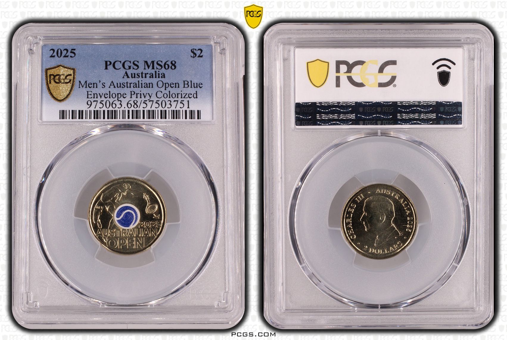 Men's Australian Open Blue Envelope Privy Colourised, Two Dollar, 2025, PCGS MS68