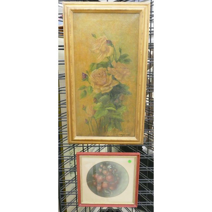 3pc Antique Rose and Strawberry Paintings Framed 28''x16'' Largest