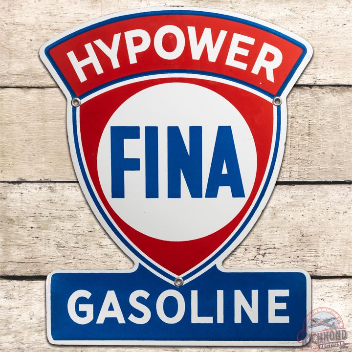 1957 13.5" Hypower Fina Gasoline SSP Die Cut Pump Plate Sign - 9C