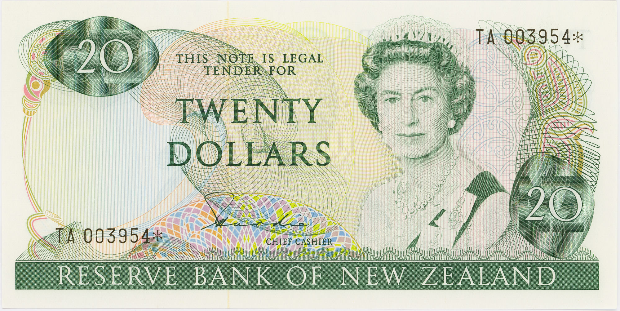 New Zealand, Hardie, Star Replacement, Twenty Dollars, 1981-85, UNC