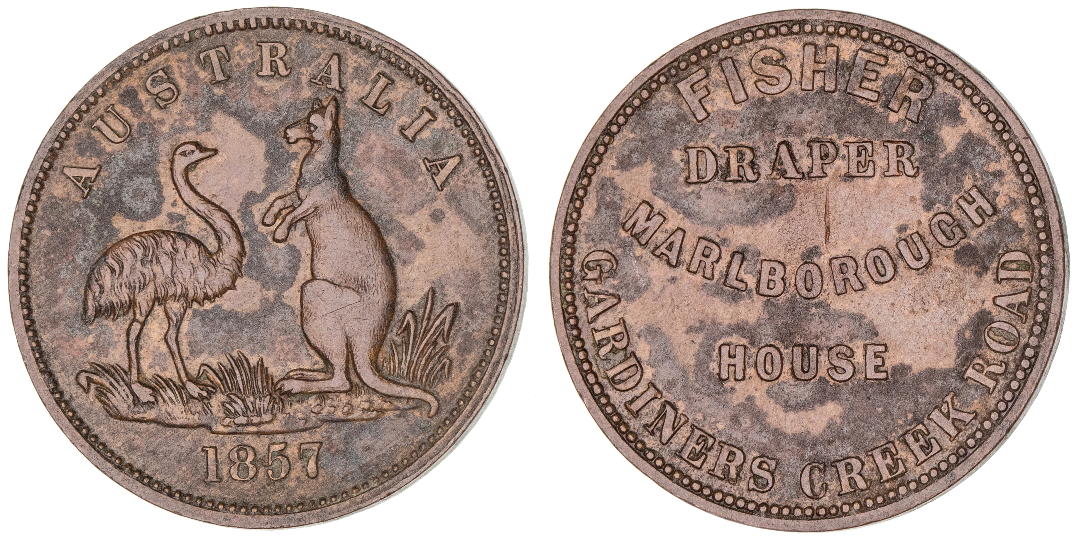 409 · Fisher, South Yarra, Vic., Halfpenny, 1857, gVF