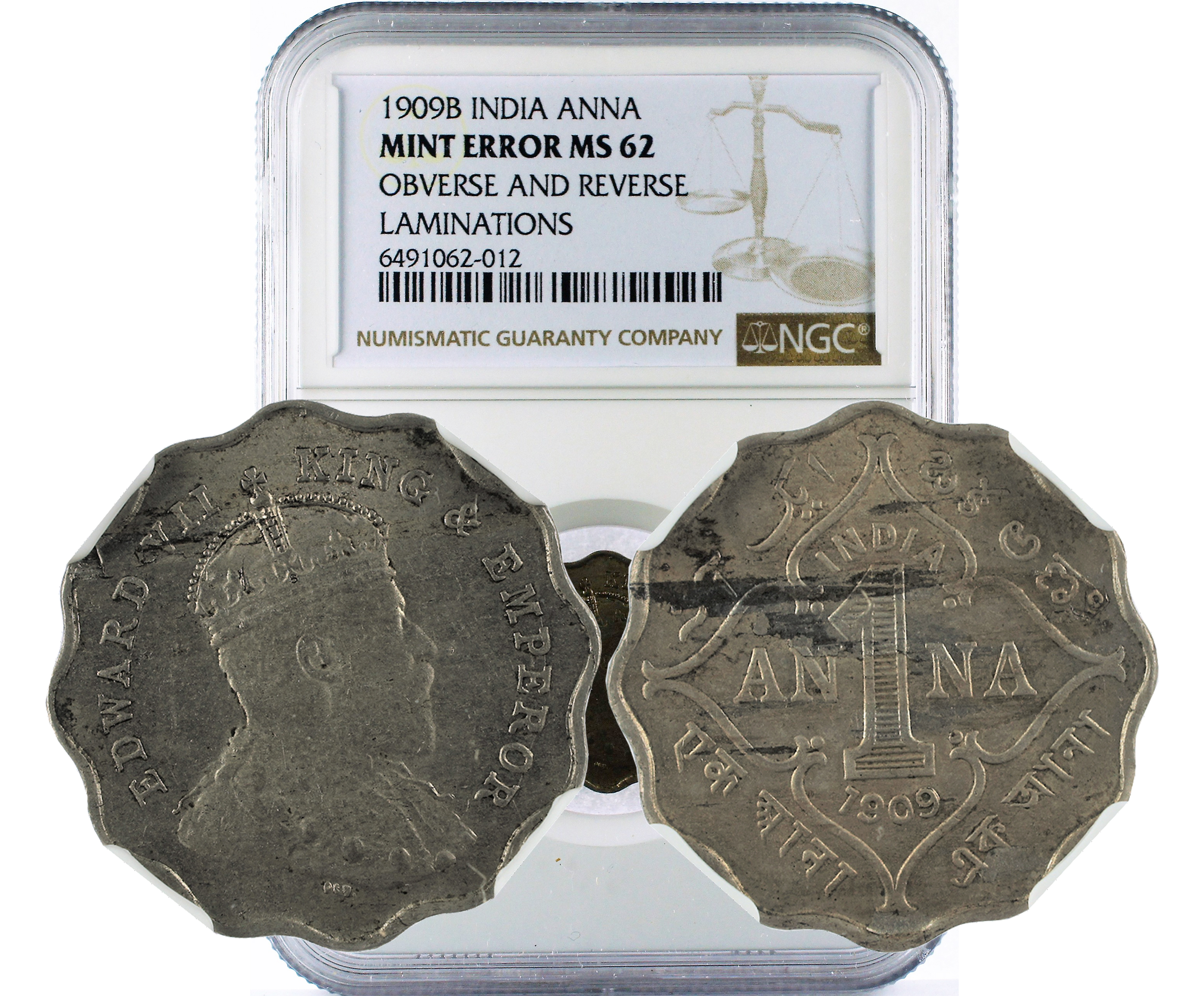 1909B INDIA ANNA MINT ERROR OBVERSE AND REVERSE LAMINATIONS MS 62