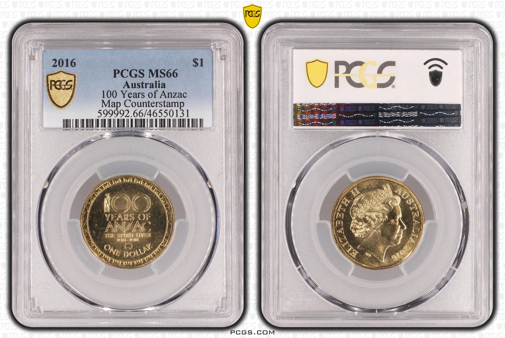 100 Years of Anzac, Map Counterstamp, One Dollar, 2016, PCGS MS66