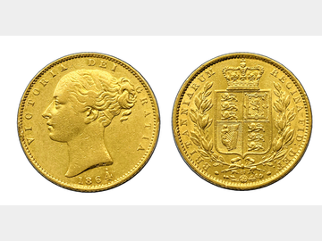 1864 VICTORIA YOUNG HEAD #DIE 87 LONDON MINT SHIELD GOLD SOVEREIGN