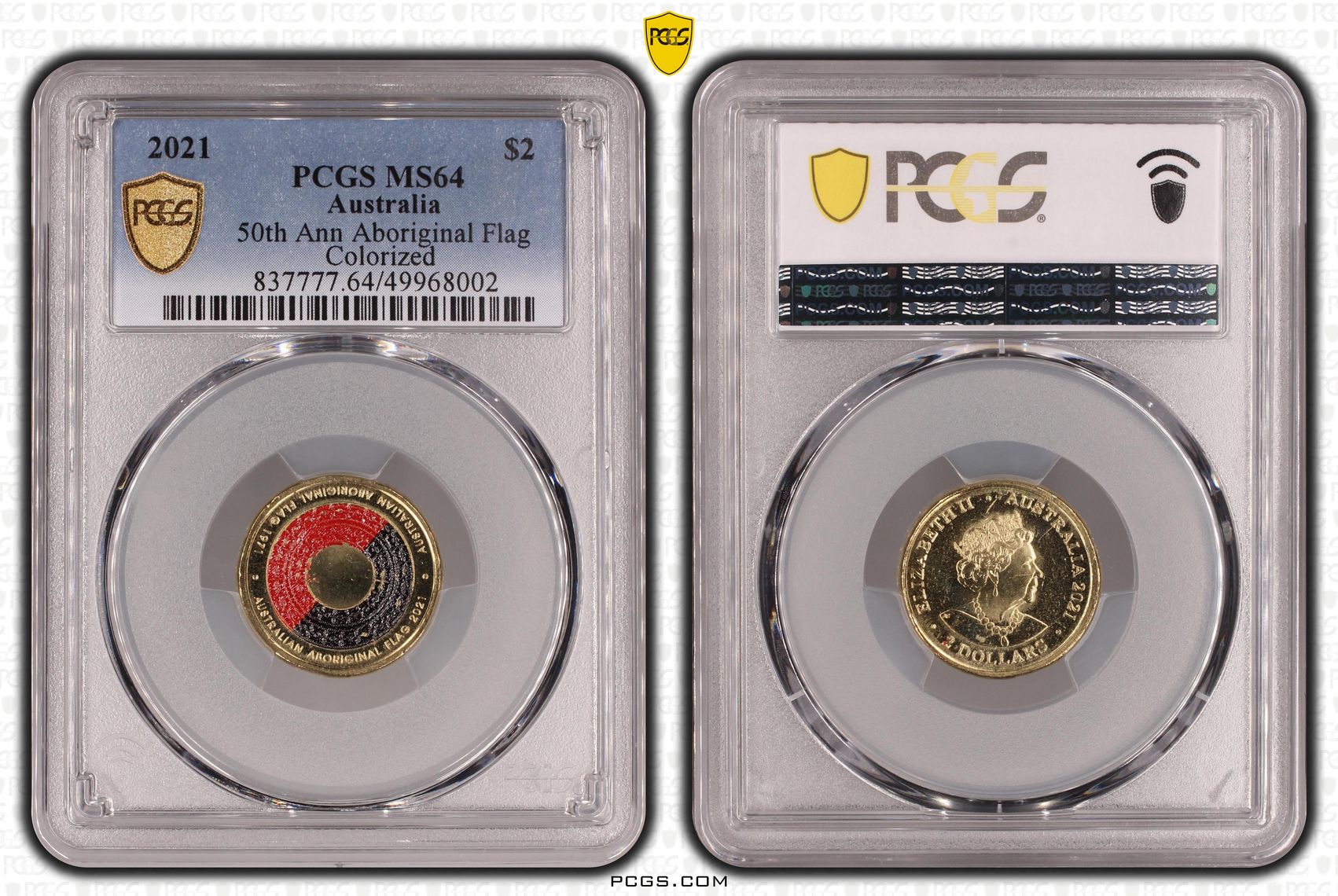 50th Ann Aboriginal Flag Colorized, Two Dollar, 2021, PCGS MS64
