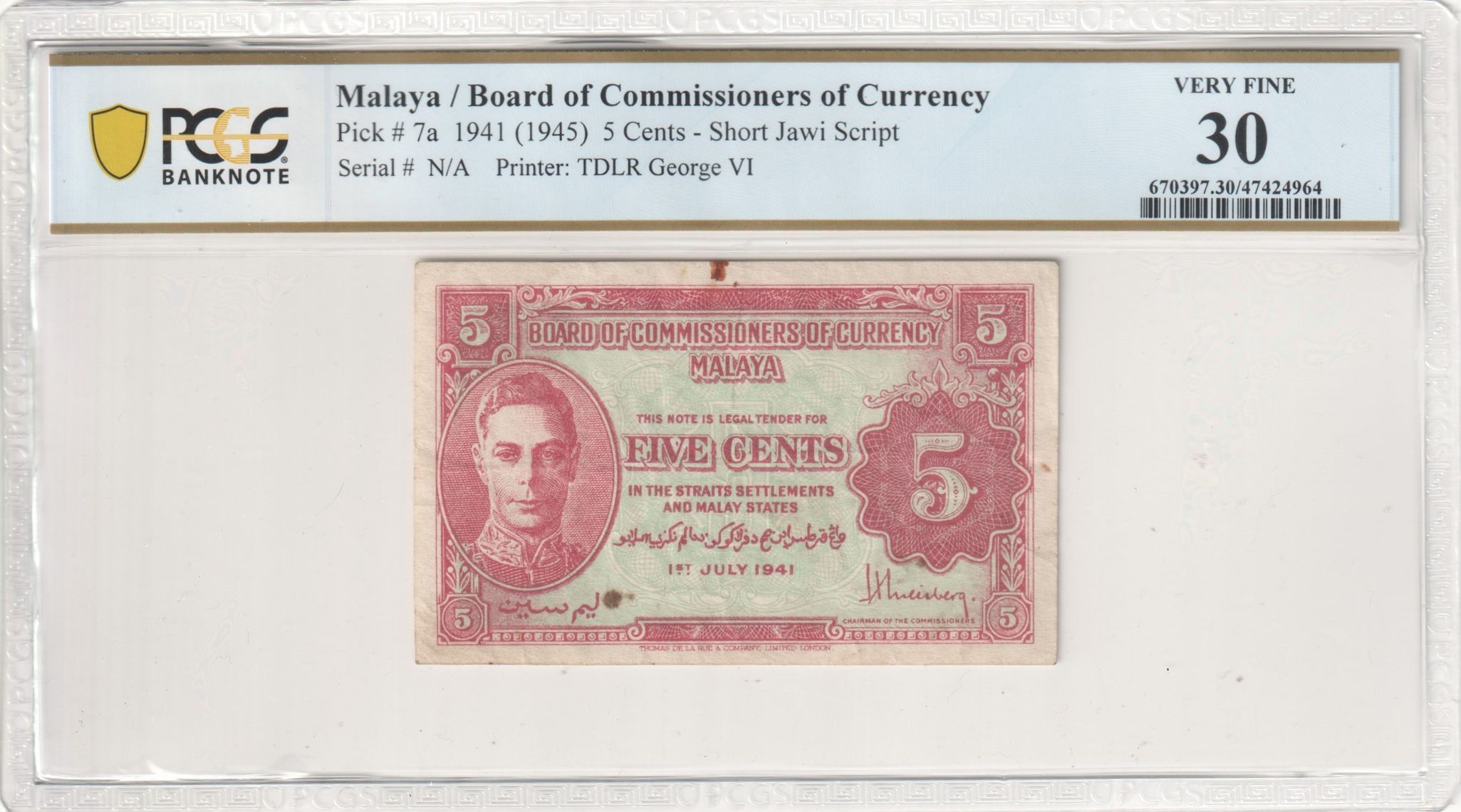 Malaya, Short Jawi Script, George VI, Five Cent, 1941 (1945), PCGS Very Fine 30