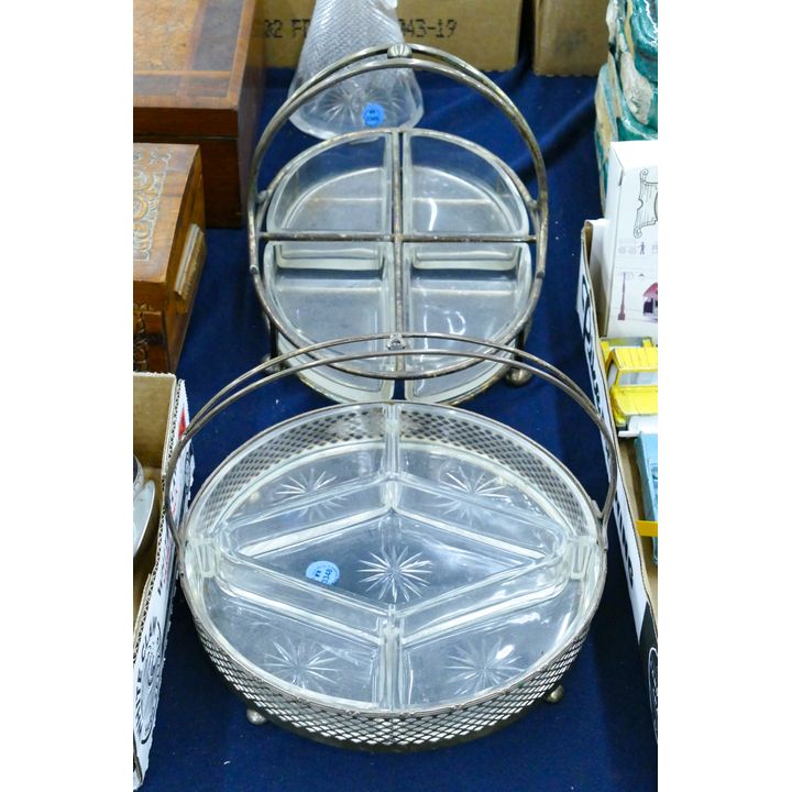 2pc Old Silverplated Cut Glass Tidbit Trays 10'' to 13''