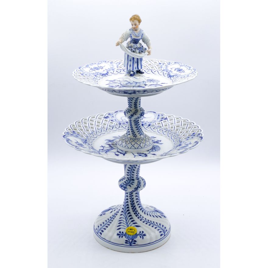 Antique Meissen Blue Onion Two-Tier Dessert Stand 15''x9.5''