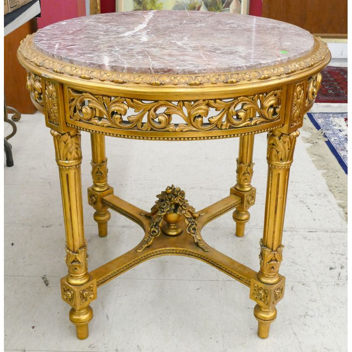 French Gilt Carved Marble Top Round Lamp Table 31''x31''