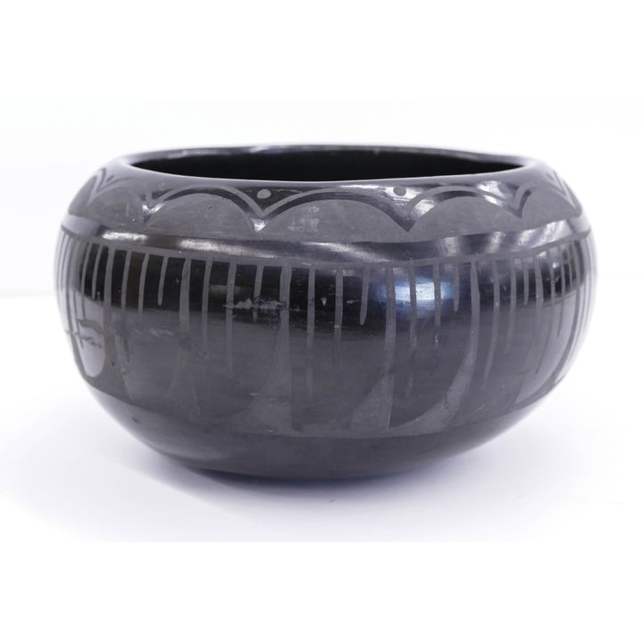 Petra Santa Clara Blackware Feather Bowl-some surface wear- 5x8''
