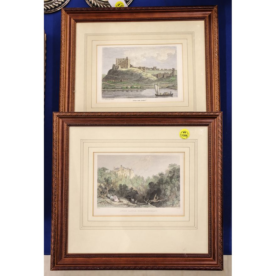 Pair Antique English Castle Engravings Framed 11''x12''