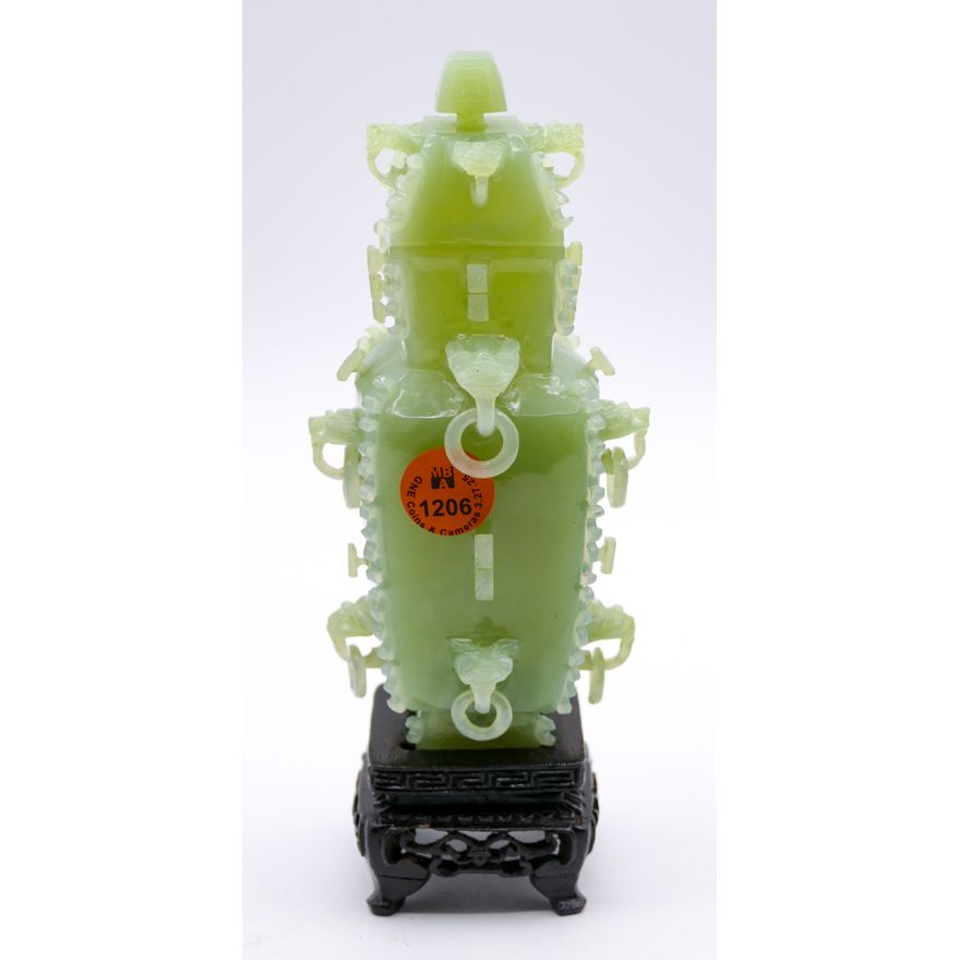 Chinese Archaic Jade Covered Cabinet Vase on Stand 7''