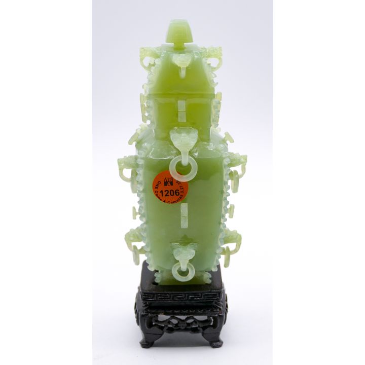 Chinese Archaic Jade Covered Cabinet Vase on Stand 7''