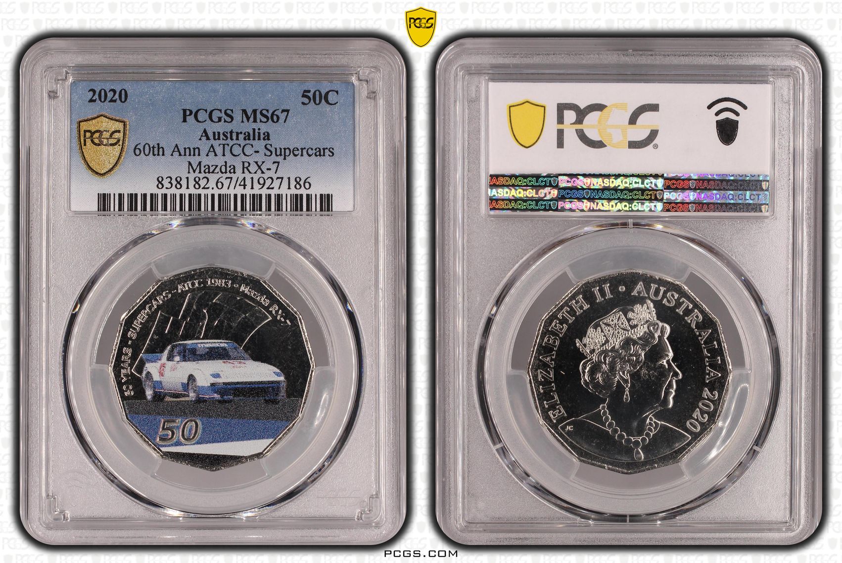 2020 Australia Fifty Cent, 50c 60th Ann ATCC- Supercars Mazda RX-7 PCGS - MS67 -186