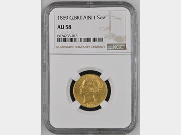 1869 VICTORIA SHIELD GOLD SOVEREIGN AU58