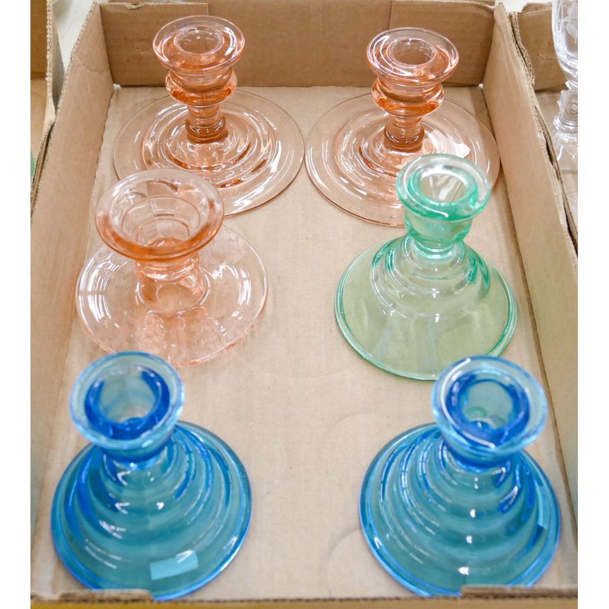 Box 6pc Colored Glass Candlesticks