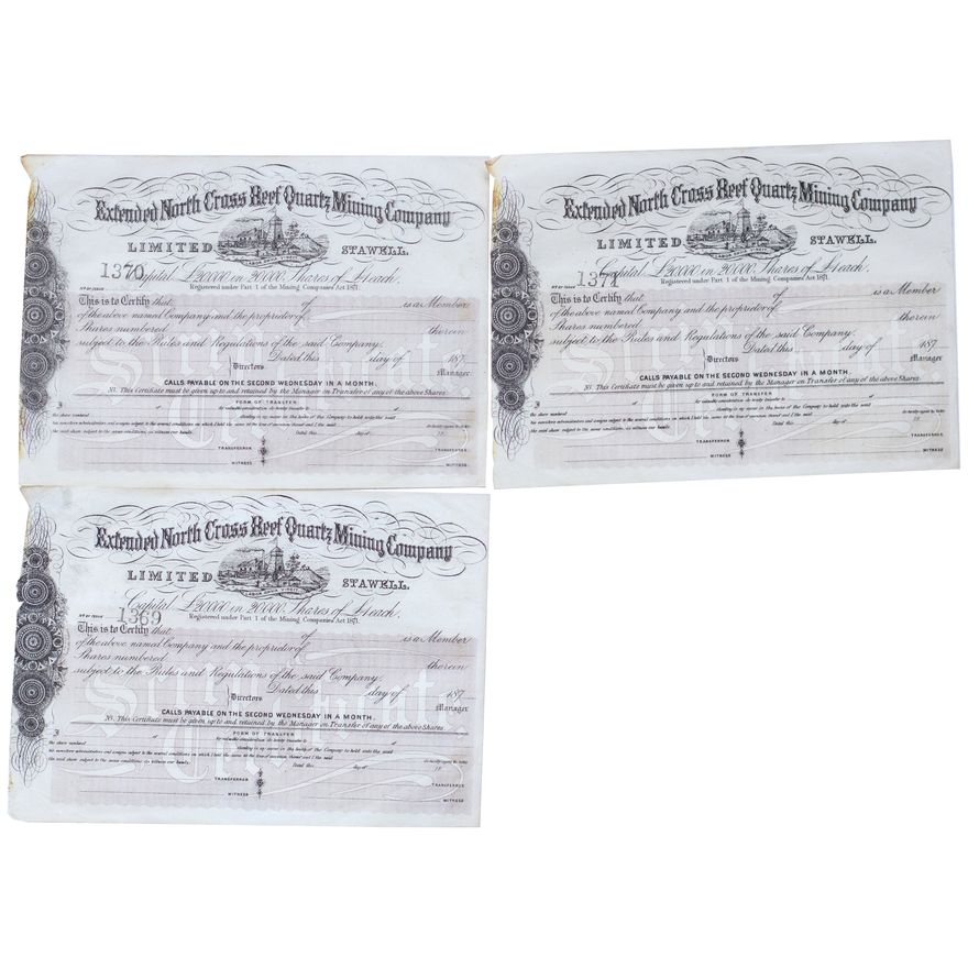 Gold Mining Share Certificates, One Pound, 1870s, EF