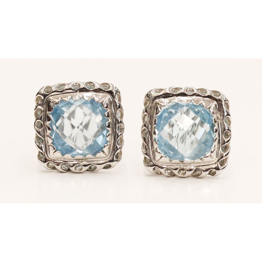 Pair Italian 14k White Gold Blue Topaz Earrings