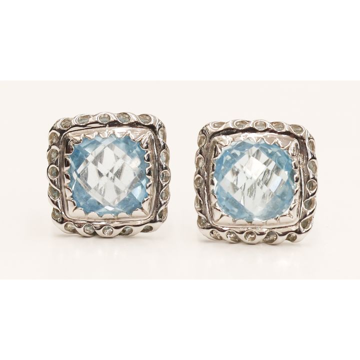 Pair Italian 14k White Gold Blue Topaz Earrings