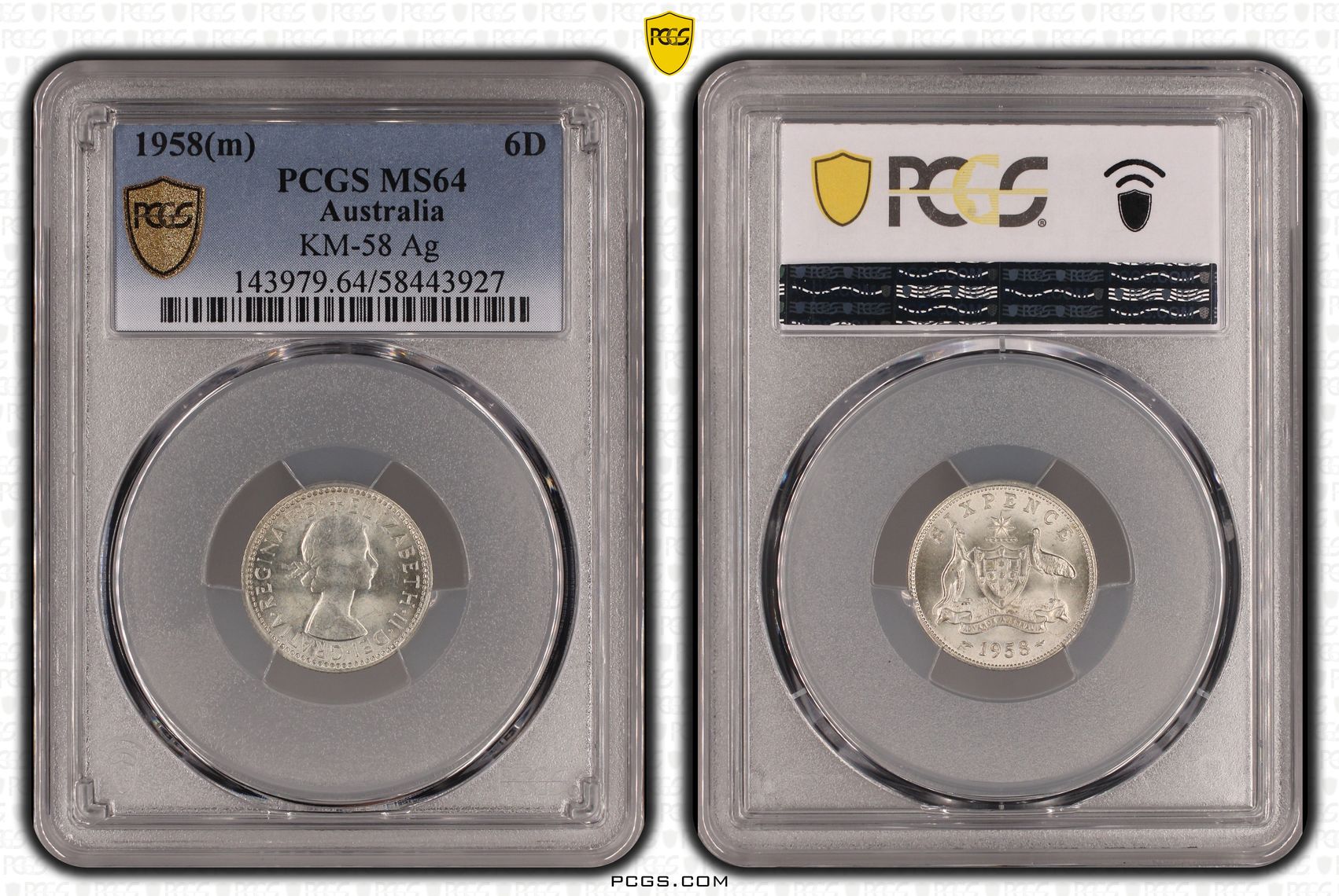 KM-58 Silver, Sixpence, 1958(m), PCGS MS64