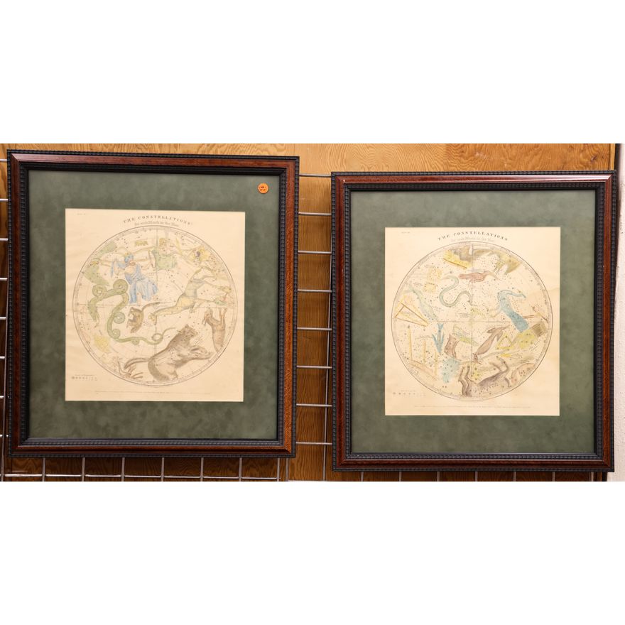 Pair Antique Constellation Tinted Maps Framed 23''x22''