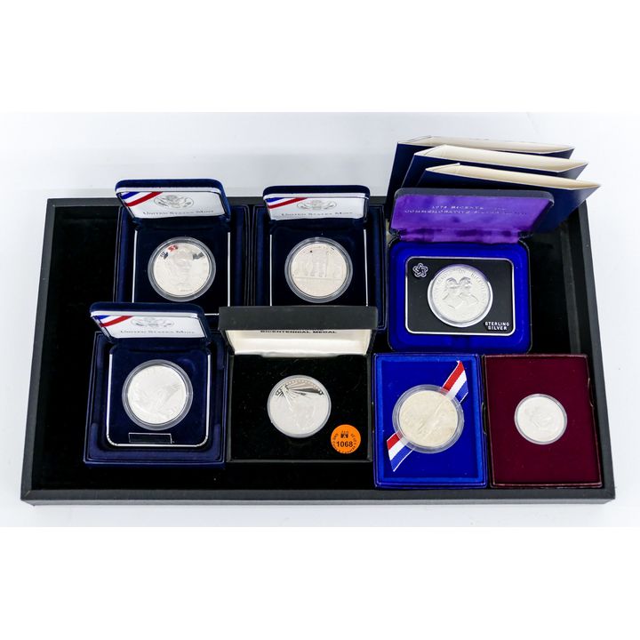 Tray 7pc US Sterling & .900 Silver Comm. Coins in Boxes