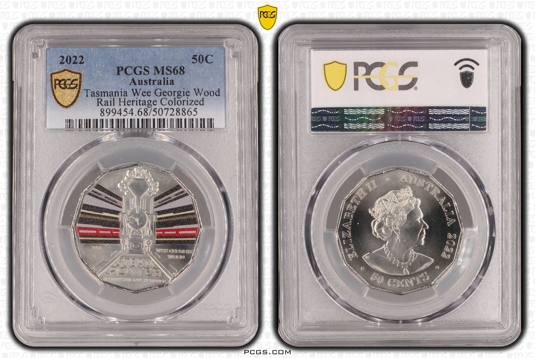 Tasmania Wee Georgie Wood - Rail Heritage Colorized , Fifty Cent, 2022, PCGS MS68