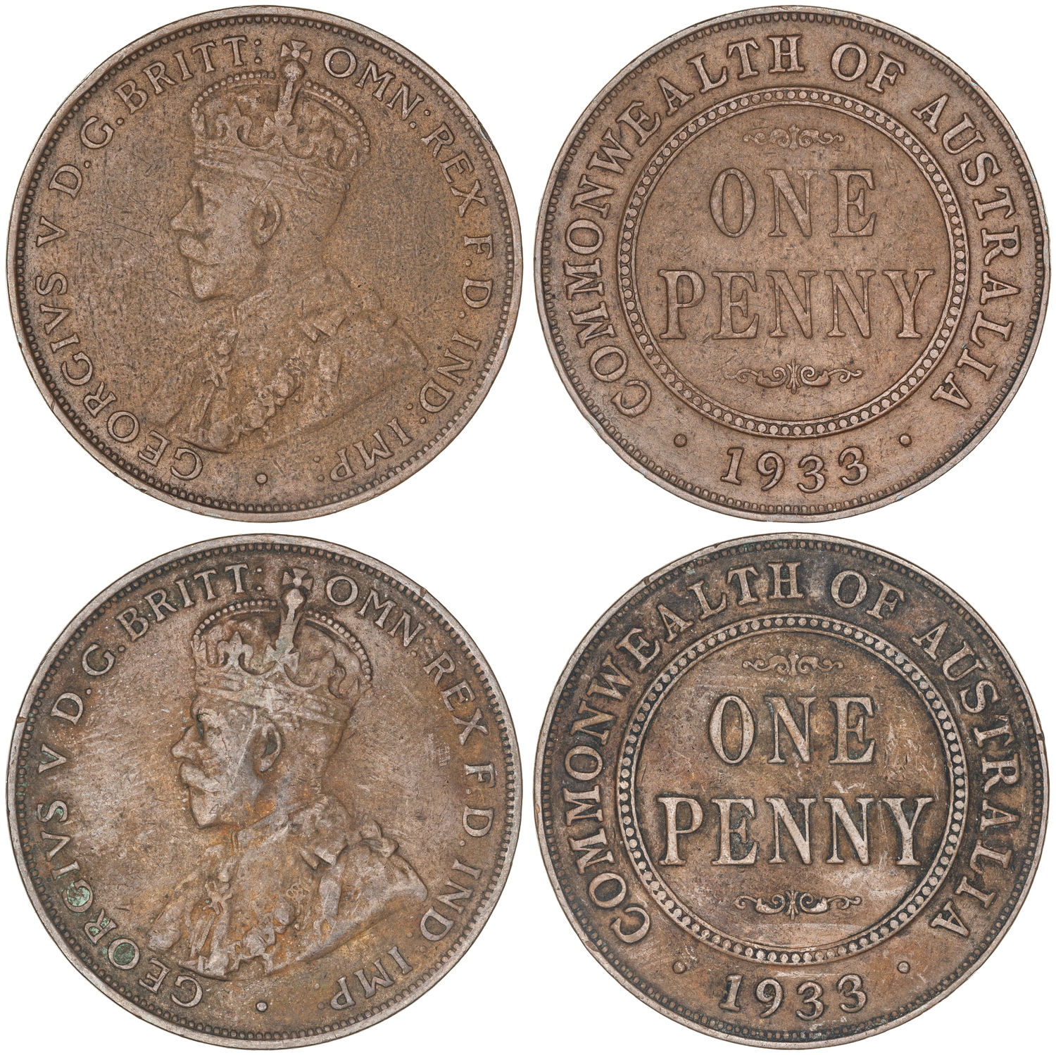 George V, Overdate, Penny, 1933/2, Fine