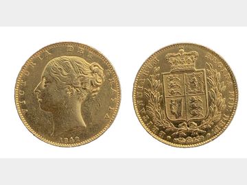 1842 Queen Victoria Young Head 'Open 2 Variety' London Mint Shield Gold Sovereign.