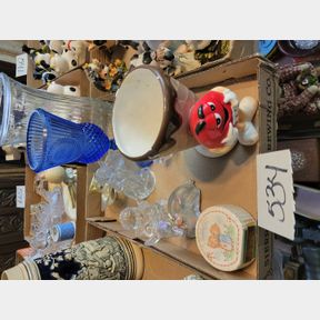 Crystal glass figurines, M&M dish and Washington goblet