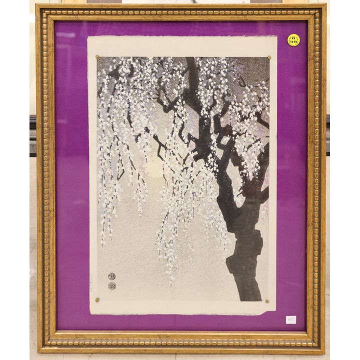 Eiichi Kotozuka ''Drooping Cherry-Blossoms'' Woodblock Print Framed 21.5''x17.5''