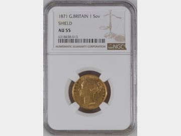 1871 VICTORIA YOUNG HEAD LONDON MINT SHIELD GOLD SOVEREIGN AU55