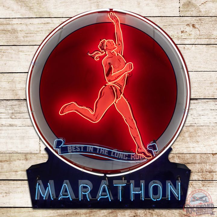Marathon Gasoline "Best in the Long Run" Die Cut Single Sided Porcelain Neon Sign w/ Running Man