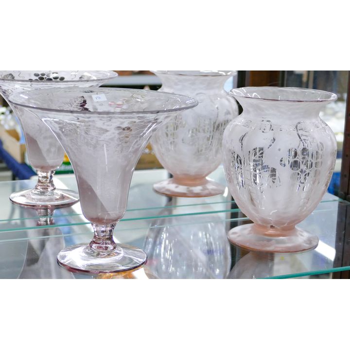 2pc Fostoria Frosted Grape Brocade Vases 7'' - Rim Has Chip