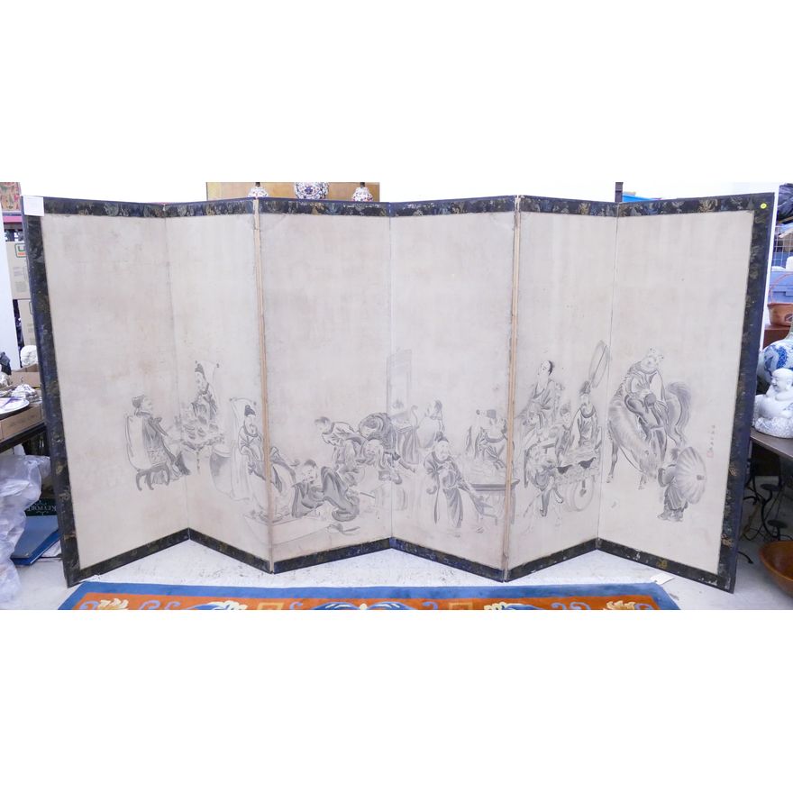 Japanese Meiji Painted Scholar Screen 6 Panel Screen- some damage- 69x146''