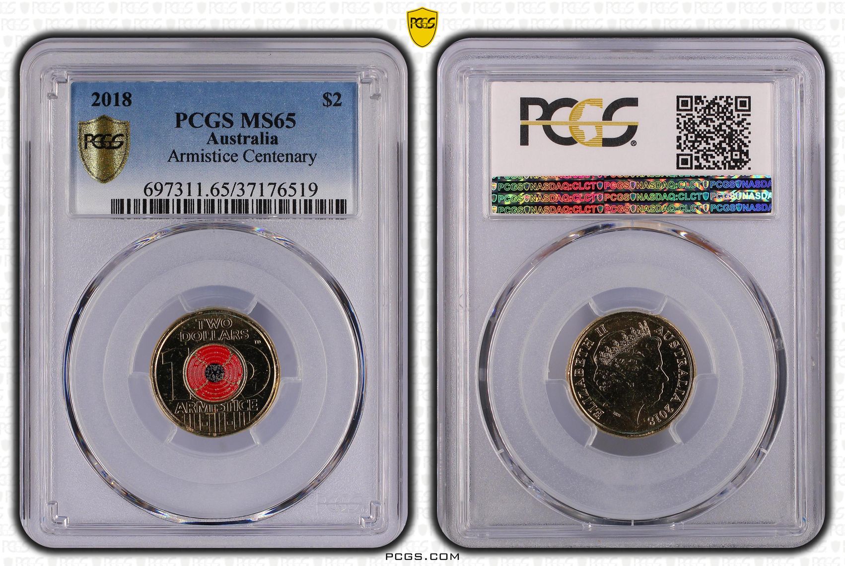 Elizabeth II, Armistice Centenary , Two Dollar, 2018, PCGS MS65