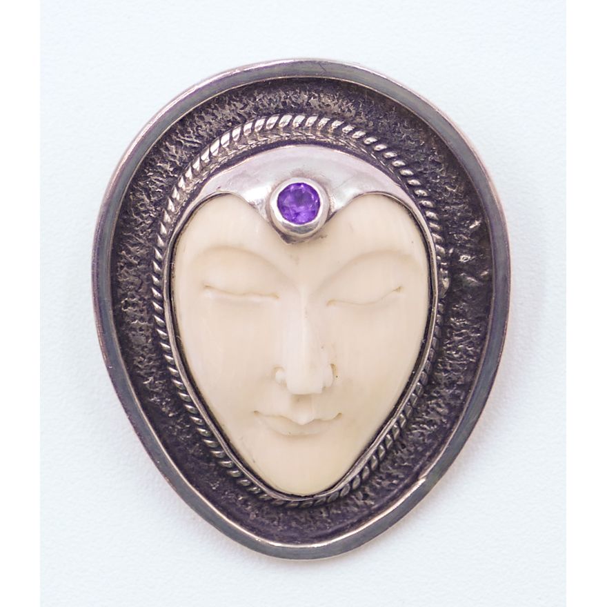 Sajen Sterling & Bone Face Pendant 1.25''