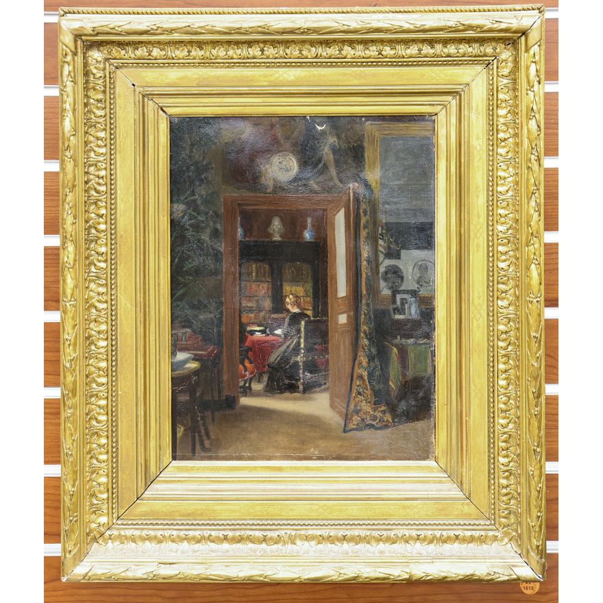 Antique English ''Woman in the Study'' Oil Painting Gilt Framed